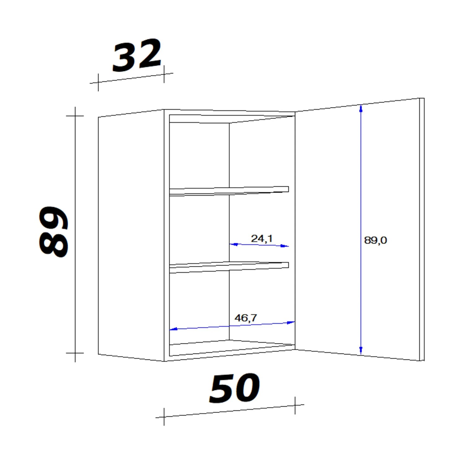 Skizze: Flex-Well Küchenzeile Wito, Hängeschrank mit Maßen, weiße Front, Teil der Einbauküche.