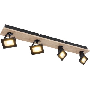 Schwarzer, 4-flammiger LED-Strahler Joya mit Holz-Optik. Dreh- und schwenkbare Spots für flexible Beleuchtung.