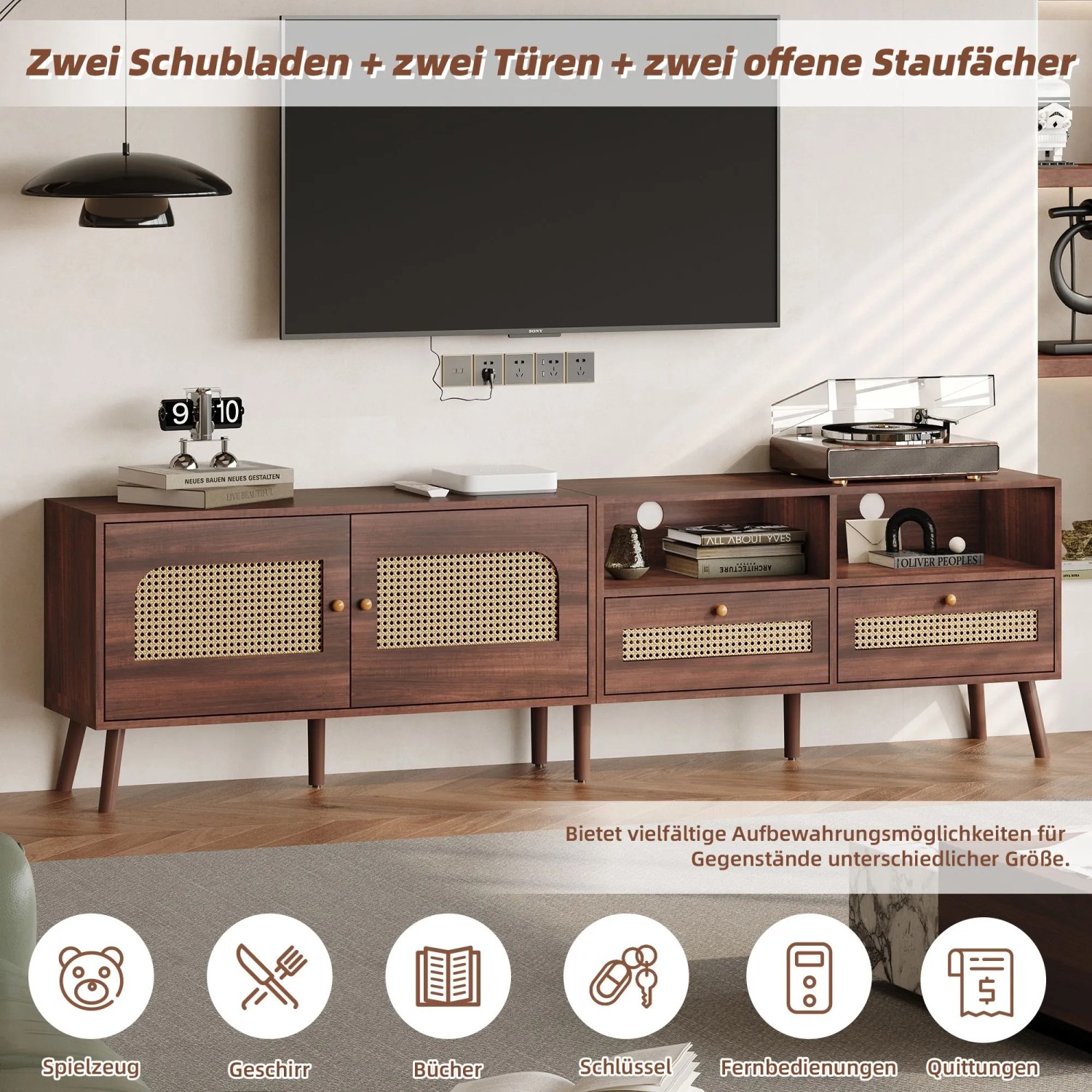 okwish TV Schrank mit Rattan Türen Schubladen Füßen Stauraum 200x37x49.5cm Braun_6