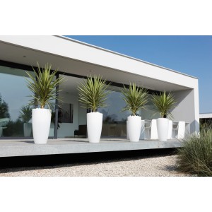 Hohe, weiße Elho Blumentöpfe Pure Soft (Ø 50 cm) mit Pflanzen vor modernem Haus.