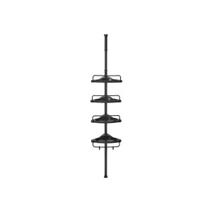 Schwarzes Songmics Duschregal mit 4 Ablagen und Teleskopstange.