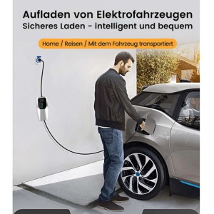 Mann lädt silbernes Elektroauto mit Junsun EV Ladegerät Typ 2 Wallbox. Schnelles Aufladen für E-Autos.