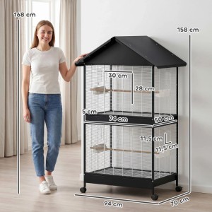 Schwarze PawHut Vogelvoliere aus Stahl, 158 cm hoch, mit Trennwand und Rollen. Geräumiger Käfig für Vögel.