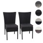 2er Set schwarze Poly-Rattan Gartenstühle mit dunkelgrauen Kissen.