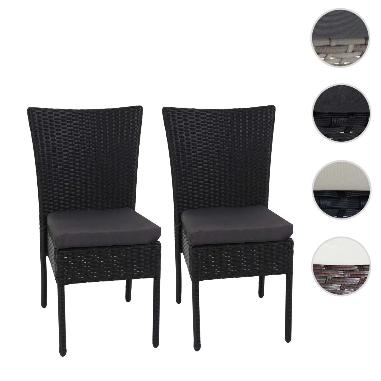 2er Set schwarze Poly-Rattan Gartenstühle mit dunkelgrauen Kissen.