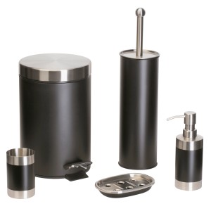5-teiliges Badaccessoires-Set in Schwarz mit Treteimer, WC-Garnitur, Seifenspender, Schale und Becher.