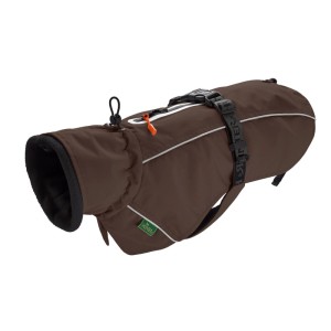 Brauner Hunter Hundemantel Nordby für Dackel, Rückenlänge 40 cm, mit Fleece-Futter und reflektierenden Details.