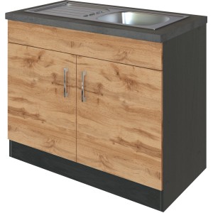 Held Möbel Spülenschrank Sorrento, 100 cm breit, Eiche/Grafit, mit 2 Türen und Spüle.