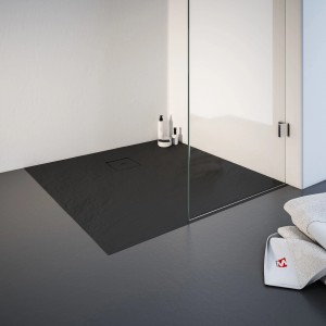 Quadratische, anthrazitfarbene Schulte Duschwanne ExpressPlus 90x90 cm mit Ablaufabdeckung in Steinoptik.