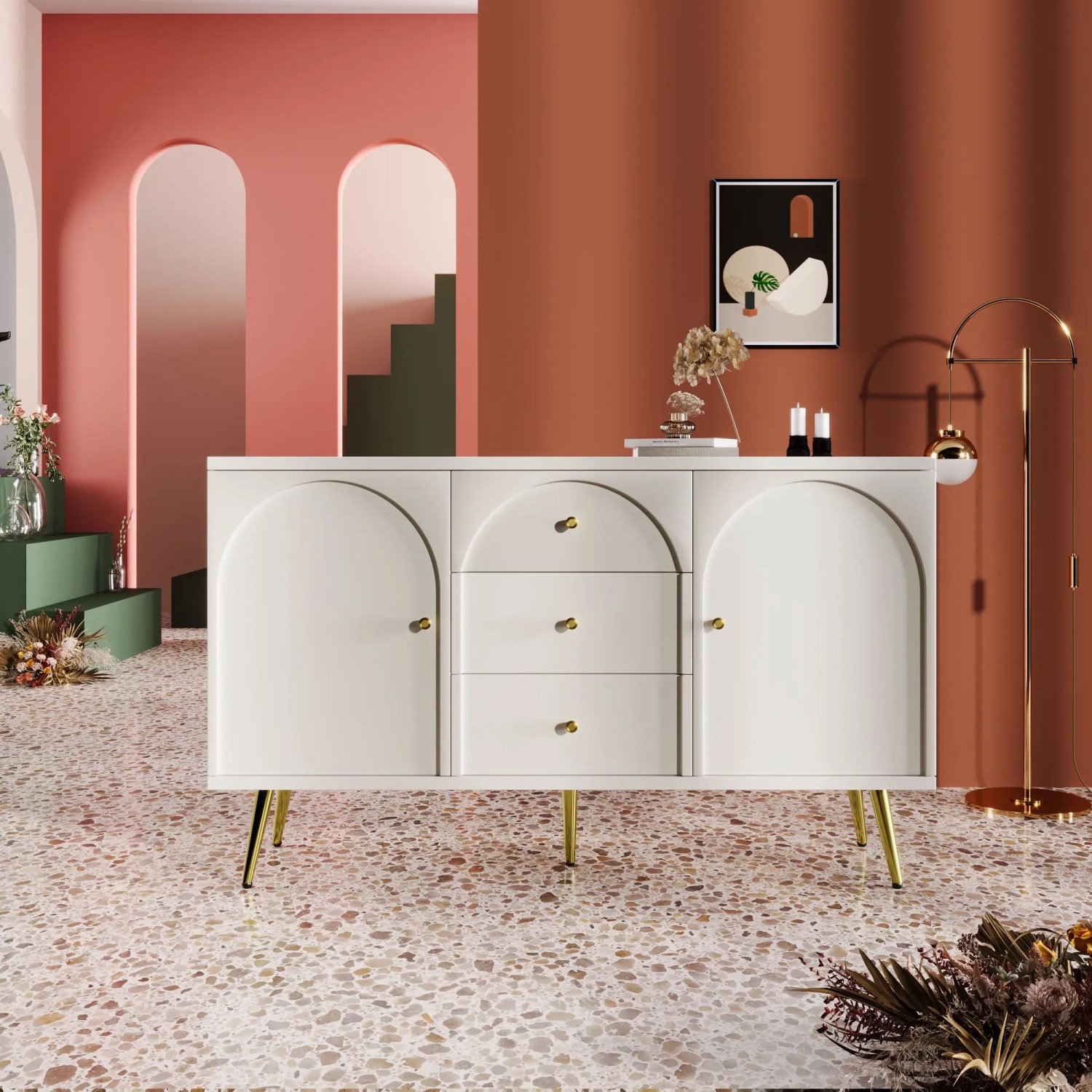okwish Kommode mit Türen Schubladen Wohnzimmer Schlafzimmer 84x140x40cm Cremeweiß_4
