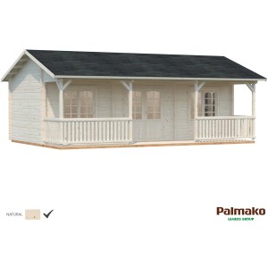 Palmako Sandra Holz-Gartenhaus, naturbelassen, mit Satteldach und Veranda.