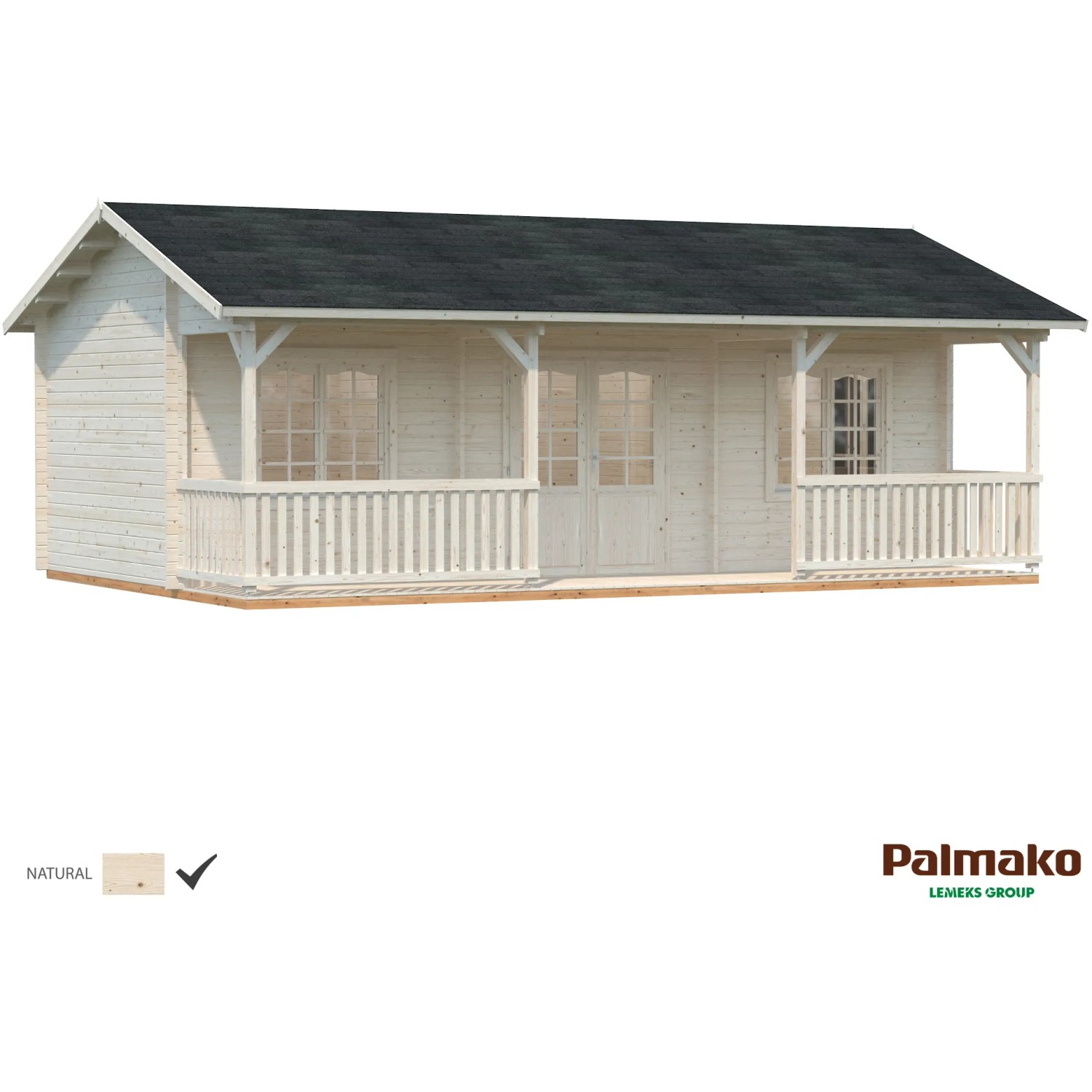 Palmako Sandra Holz-Gartenhaus, naturbelassen, mit Satteldach und Veranda.