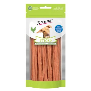 Dokas Hunde-Belohnungssnacks Sticks mit Hühnchen, getreidefrei, 60g Packung.