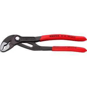 Knipex Cobra Rohrzange, 180mm, grau atramentiert, mit roten Griffen und selbstklemmender Funktion.