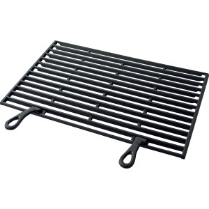 Schwarzer Buschbeck Grillrost mit abnehmbaren Griffen für Grillkamine.