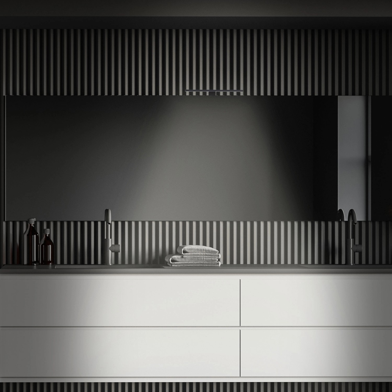 Moderne Badezimmer-Szene mit Brilo LED-Spiegelleuchte Dun Schwarz 5W über einem Waschbecken mit Armatur.