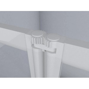 Detailaufnahme der Mechanik einer weißen Aurlane Badewannenfaltwand (3-flügelig).