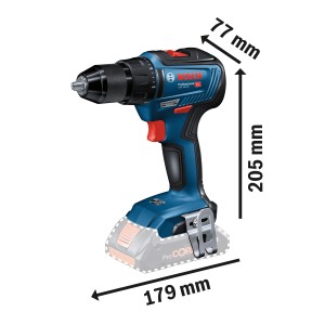 Bosch Professional Akku-Bohrschrauber GSR 18 V-55 Solo, blau, mit Maßangaben.