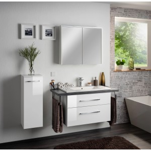 Fackelmann Handwaschbecken B.Perfect, 82 cm, Weiß, mit Unterschrank und Armatur in modernem Badezimmer.