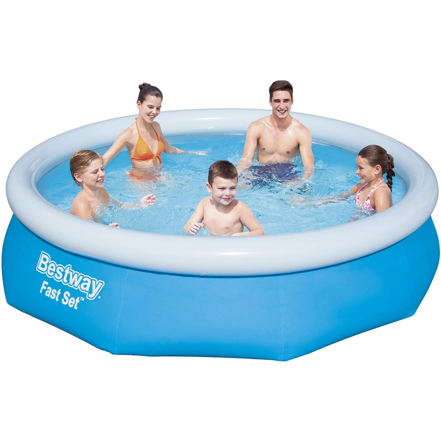 Blauer Bestway Fast Set Pool (Ø 305 cm) mit Familie im Wasser. Quick-Up Pool für Badespaß im Garten.