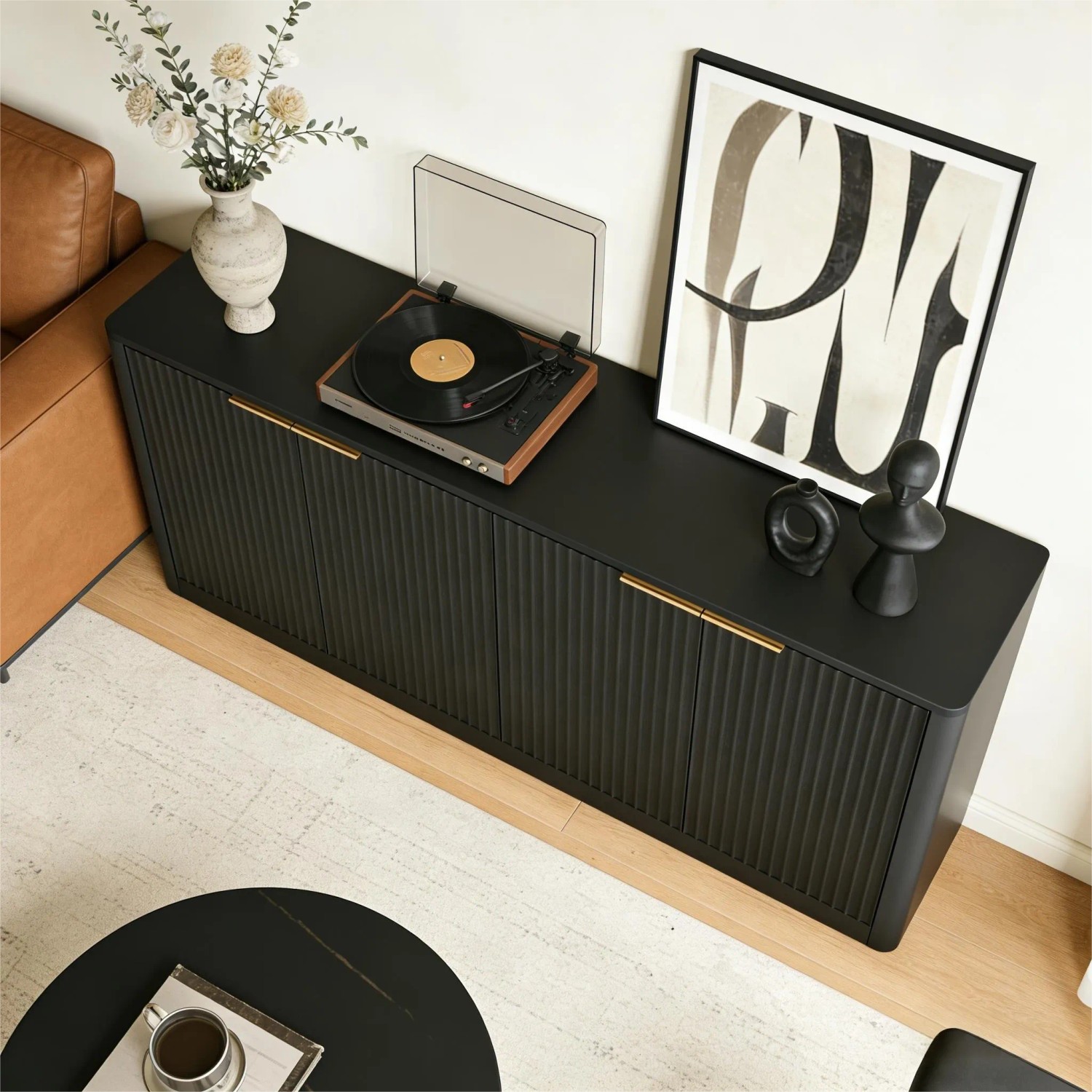 okwish Sideboard mit Wellenform Aufbewahrung Wohnzimmer 150x40x70cm Schwarz_4