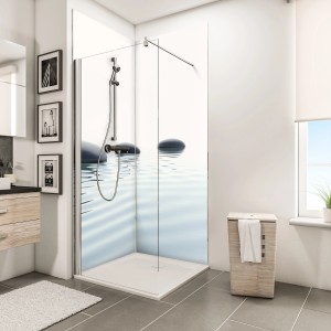 Schulte Duschrückwand mit Zen-Steine-Motiv in moderner Badezimmer-Umgebung.