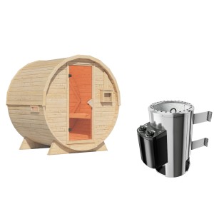 Karibu Fasssauna-Set "Talea L" mit Ofen 3,6 kW Integriert