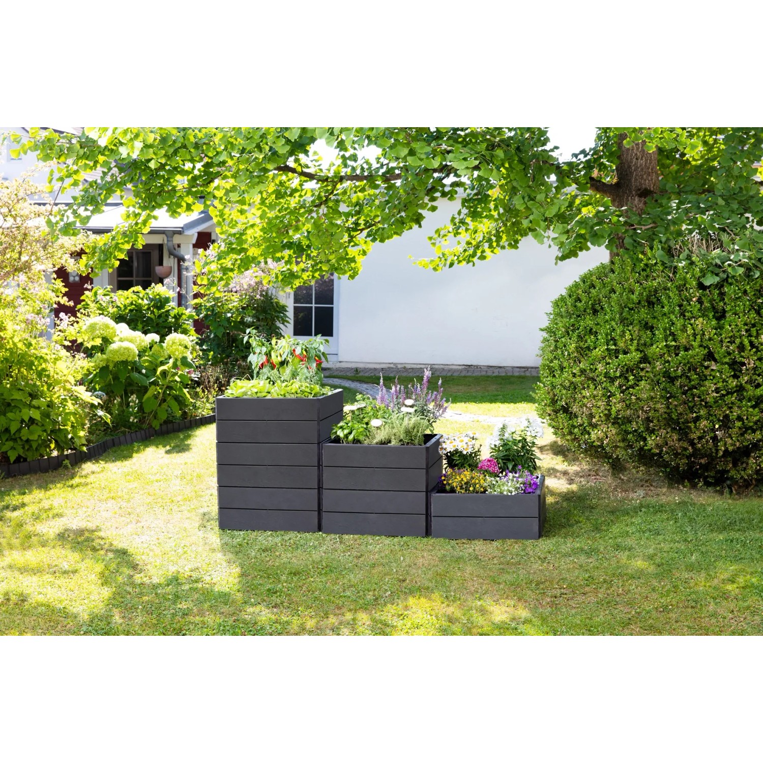 Garantia Hochbeet-System Ergo Quadro S Stone, 3er Set im Garten, Kunststoff-Hochbeete in Steinoptik.