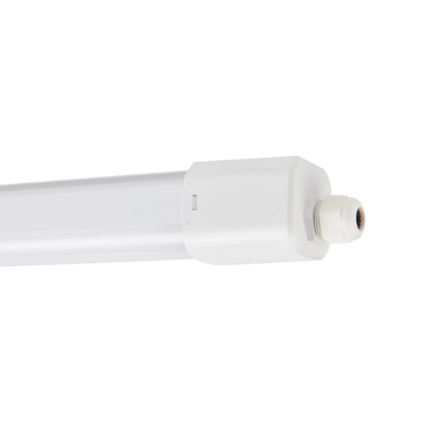 Weiße Eglo LED-Feuchtraumleuchte Slim, 110,5 cm, Detailaufnahme des Endstücks mit Kabelverschraubung.