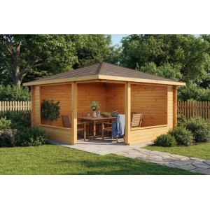 Imprägnierte 5-Eck Gartenlaube Maik-40 Natur, 425x425 cm, mit Tisch und Stühlen im Garten.