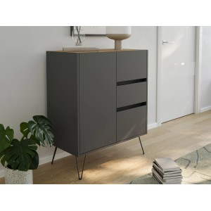 Posseik Sideboard Industrial K, 80 cm, Grafit Eiche, mit 1 Tür und 3 Schubladen.