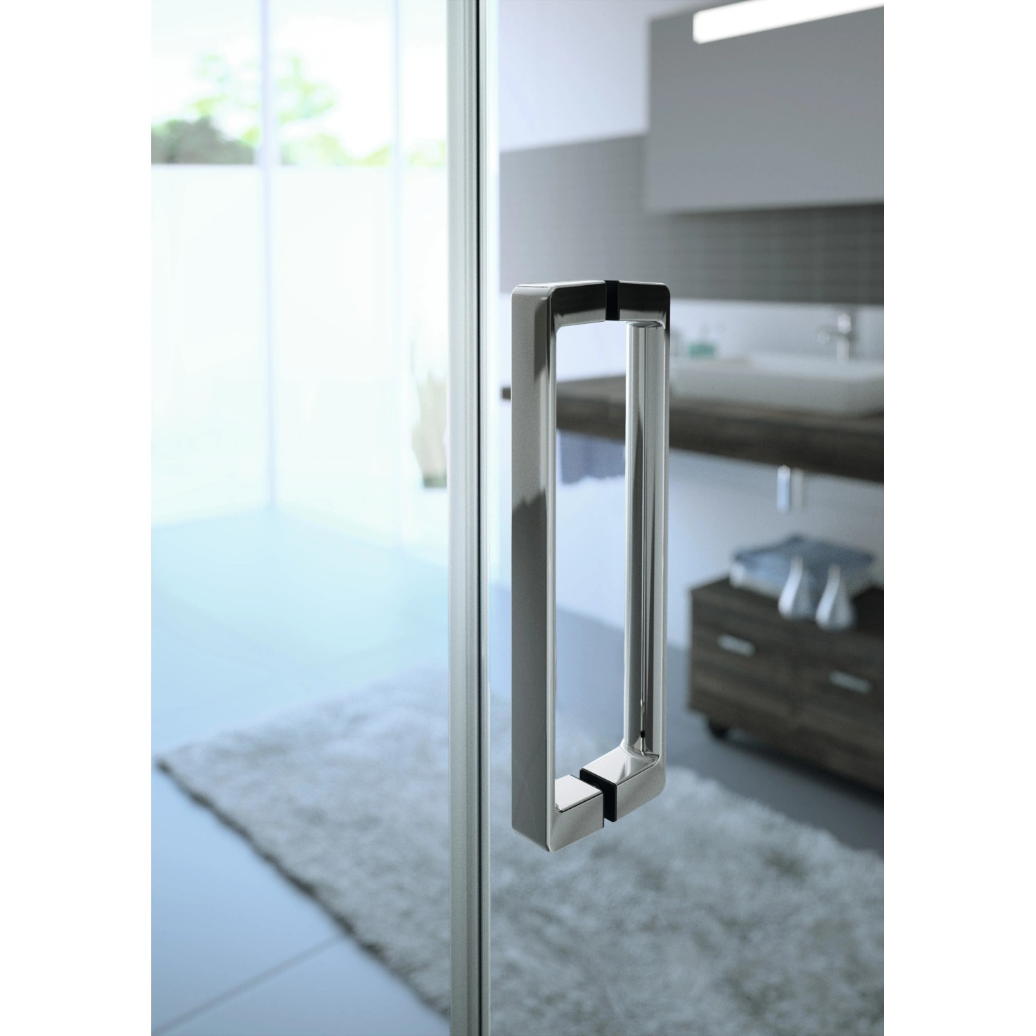 Hüppe EasyEntry Gleittür Eckeinstieg, 80x200 cm, Silber hochglanz mit Griffdetail.