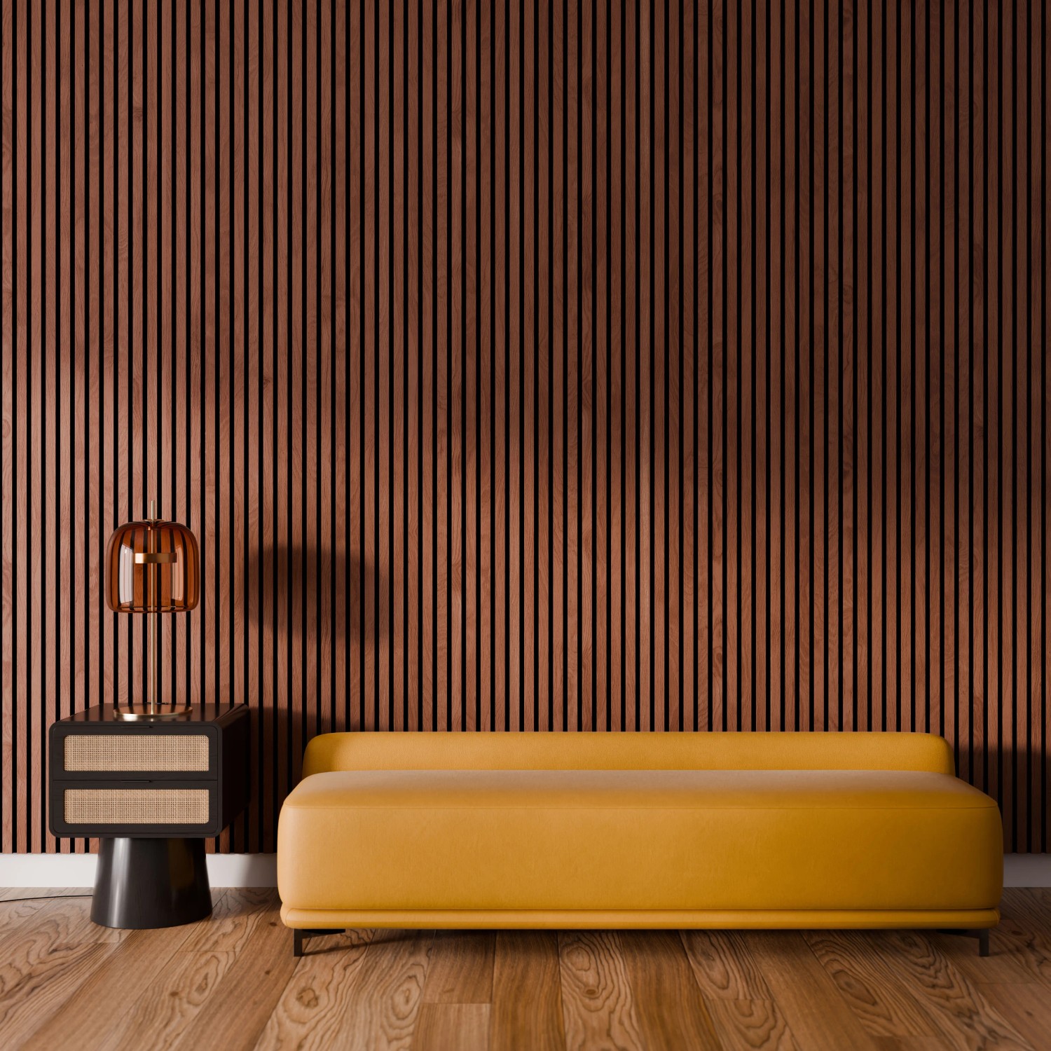 Akustikpaneel Walnuss, MDF schwarz, Filz schwarz, 60x360cm, an Wand hinter gelbem Sofa