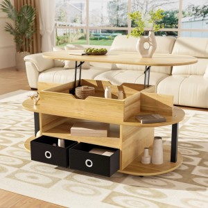 Couchtisch mit Hebefunktion, heller Holzmaserung, schwarzen Stoffschubladen und Stauraum. Ideal für Wohnzimmer.