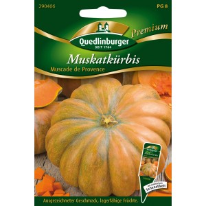 Samenpackung Quedlinburger Muskatkürbis 'Muscade de Provence', orangefarbener Kürbis.