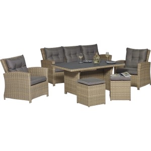 6-teiliges Lounge-Set Vermont mit Esstisch aus Polyrattan in Forest Jungle Optik.