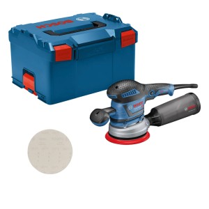 Bosch Professional Exzenterschleifer GEX 40-150 mit Staubbeutel, rotem Schleifteller, Schleifpapier und blauer L-Boxx.