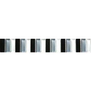 Glasbordüre in Schwarz, Grau und Weiß, 5x30,6 cm, für moderne Fliesengestaltung.