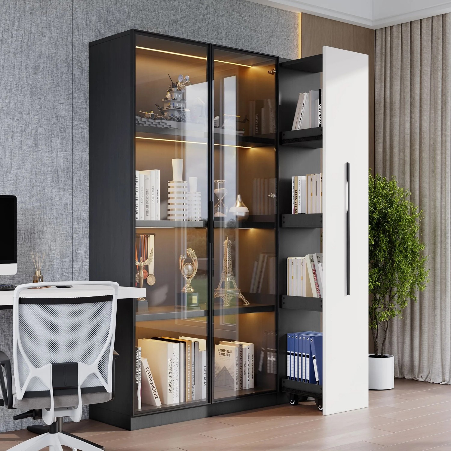okwish Vitrine mit LED Glastür Rollschrank Esszimmer 110x35x160cm Weiß Schwarz_4