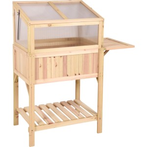 Braunes Garden Pleasure Gewächshaus aus Holz mit Ablagefläche und transparentem Dach.