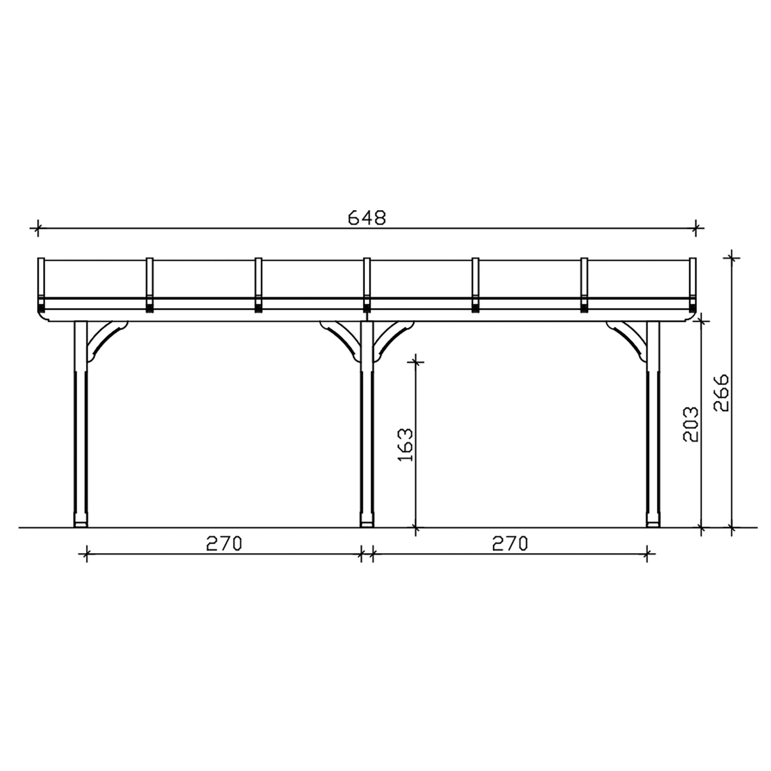 Technische Zeichnung der Skan Holz Terrassenüberdachung Rimini 648x300 cm mit Maßangaben.