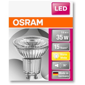 Osram GU10 LED Leuchtmittel, 2,6 W, warmweiß, auf Verpackung. Energiesparende LED Lampe für Wohnräume.