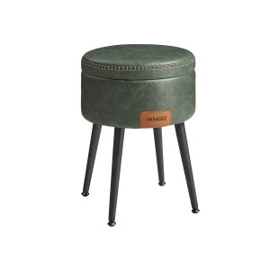 Vasagle Sitzhocker Waldgrün, Ø 32 cm, mit Stauraum und schwarzen Stahlbeinen.