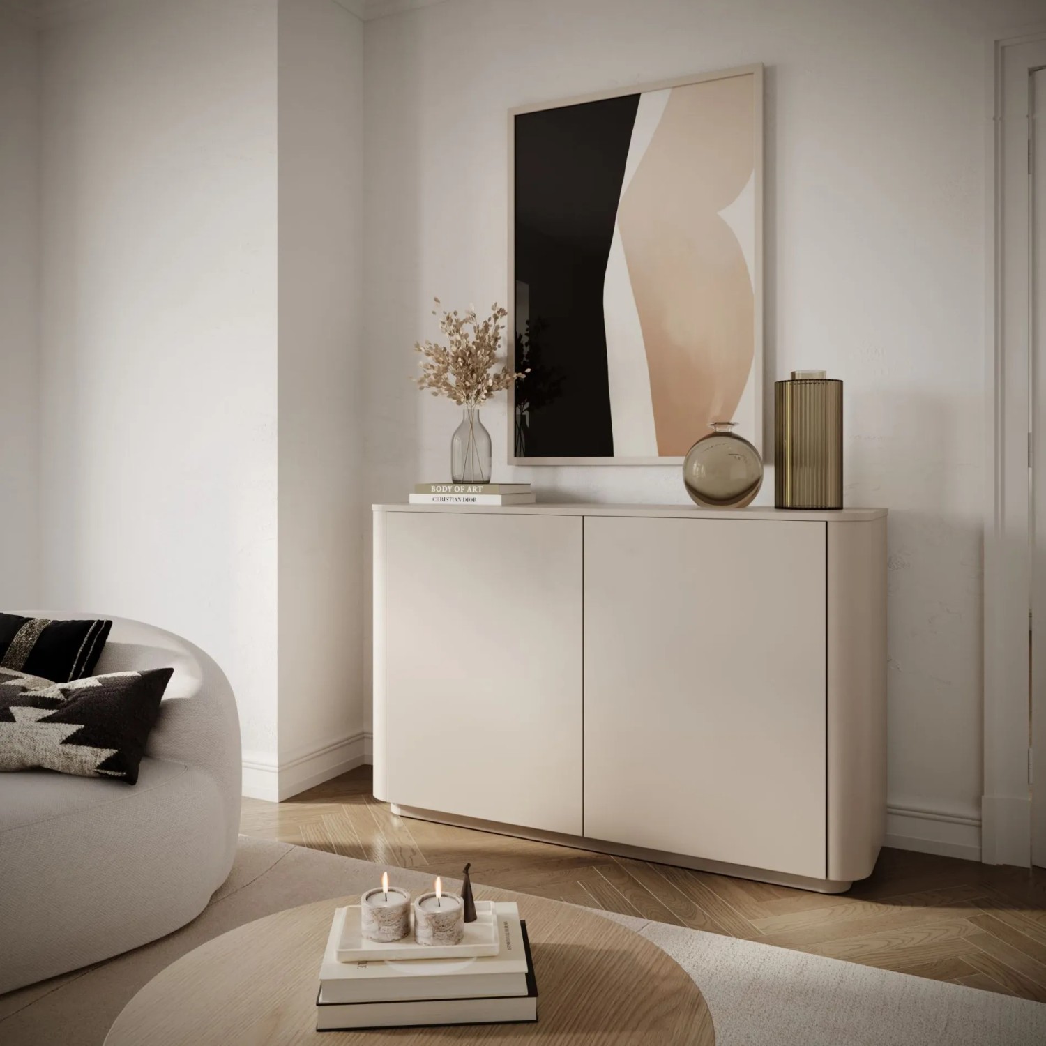Selsey Sideboard Luvio, zweitürig, in Kaschmir-Ton mit abgerundeten Kanten und mattem Finish. Modernes Design für Stauraum.