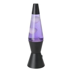 Schlanke LED-Lavatischleuchte in Schwarz mit violetter Flüssigkeit und weißem Wachs für stimmungsvolles Licht.