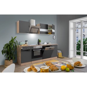 Respekta Economy Küchenzeile KB220ESGSC in Grau-Eiche Sägerau mit E-Geräten und Spülmaschine.
