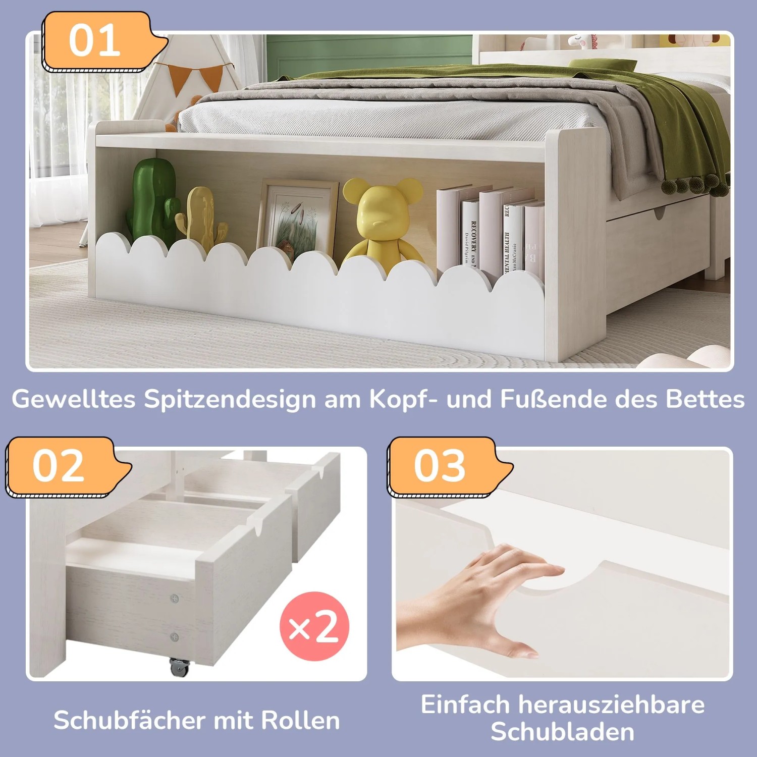 okwish Kinderbett 90x190cm mit Schubladen und Sitzbank Kinderzimmer Weiß ohne Matratze_9