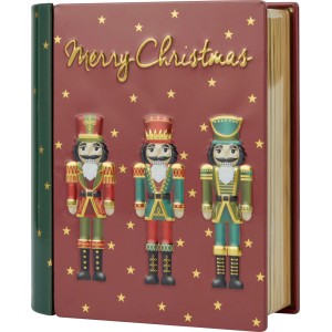 OBI Weihnachtsdeko Box im Buchdesign. Rote Front mit goldenem "Merry Christmas" und drei Nussknackern.