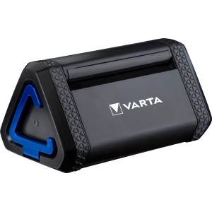 Schwarze Varta LED-Taschenlampe Work Flex Area Light mit blauen Akzenten.