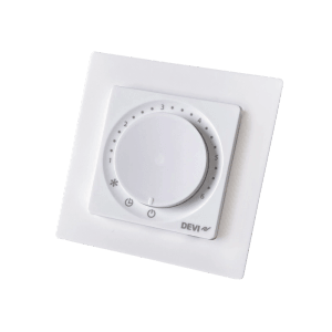 DEVI Timer-Thermostat DEVIreg Basic Polarweiß mit Drehregler für Fußbodenheizung. Quadratisches Design zur Temperaturregelung.